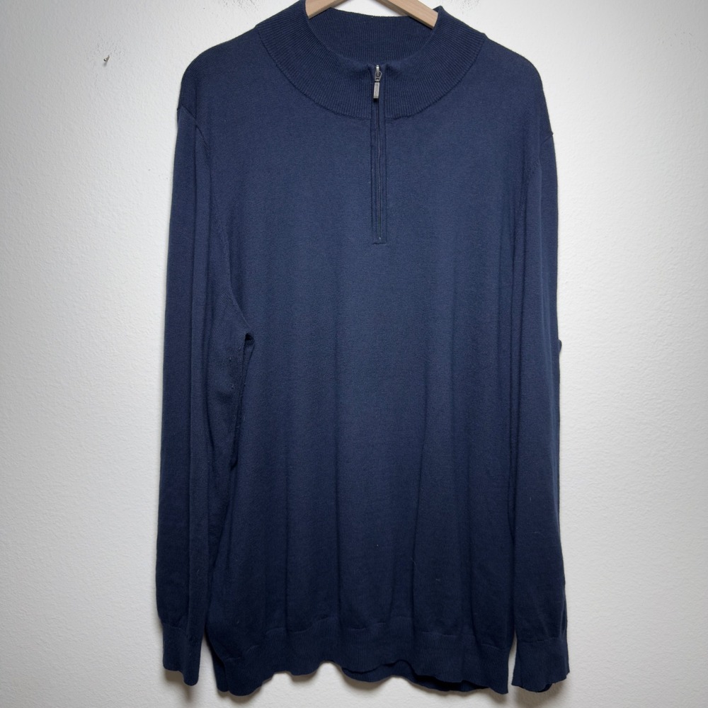 LL Bean Men Cotton Cashmere Sweater XXL Tall Blue Quarter Zip Mock Neck